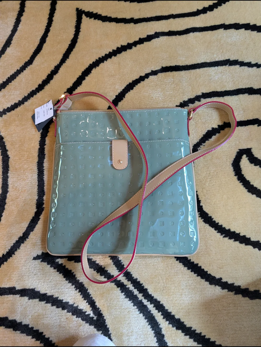 Arcadia Sage Green Patent Crossbody with Beige Trim